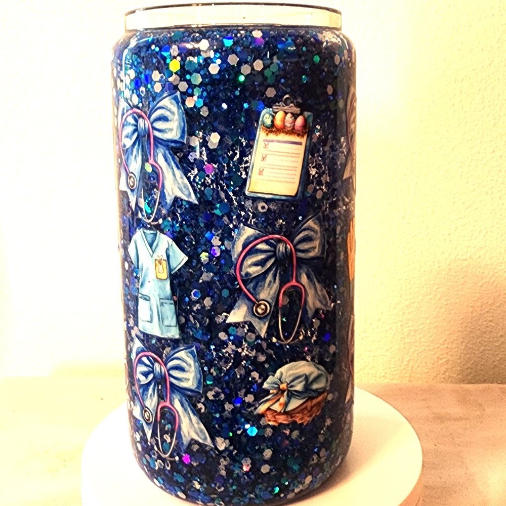 Handmade Glitter Snow Globe Cup 16 Oz. Glass Nursing Lid & Straw Med Flow B/114